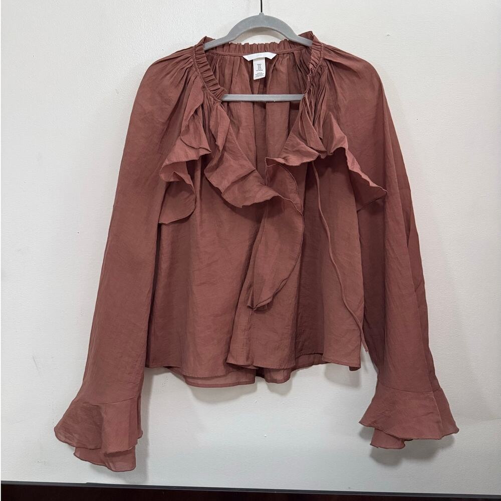 H&M dusty rose ruffle tie front blouse size L